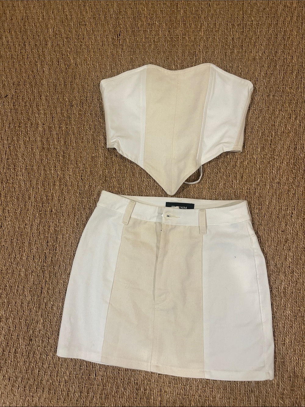 EB Denim Cream and White Two-Piece Corset Top & Skirt Set